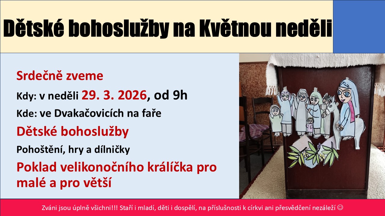 Pozvánka na Dětské bohoslužby na Květnou neděli ve Dvakačovicích, 29. března 2026 od 9 hodin
