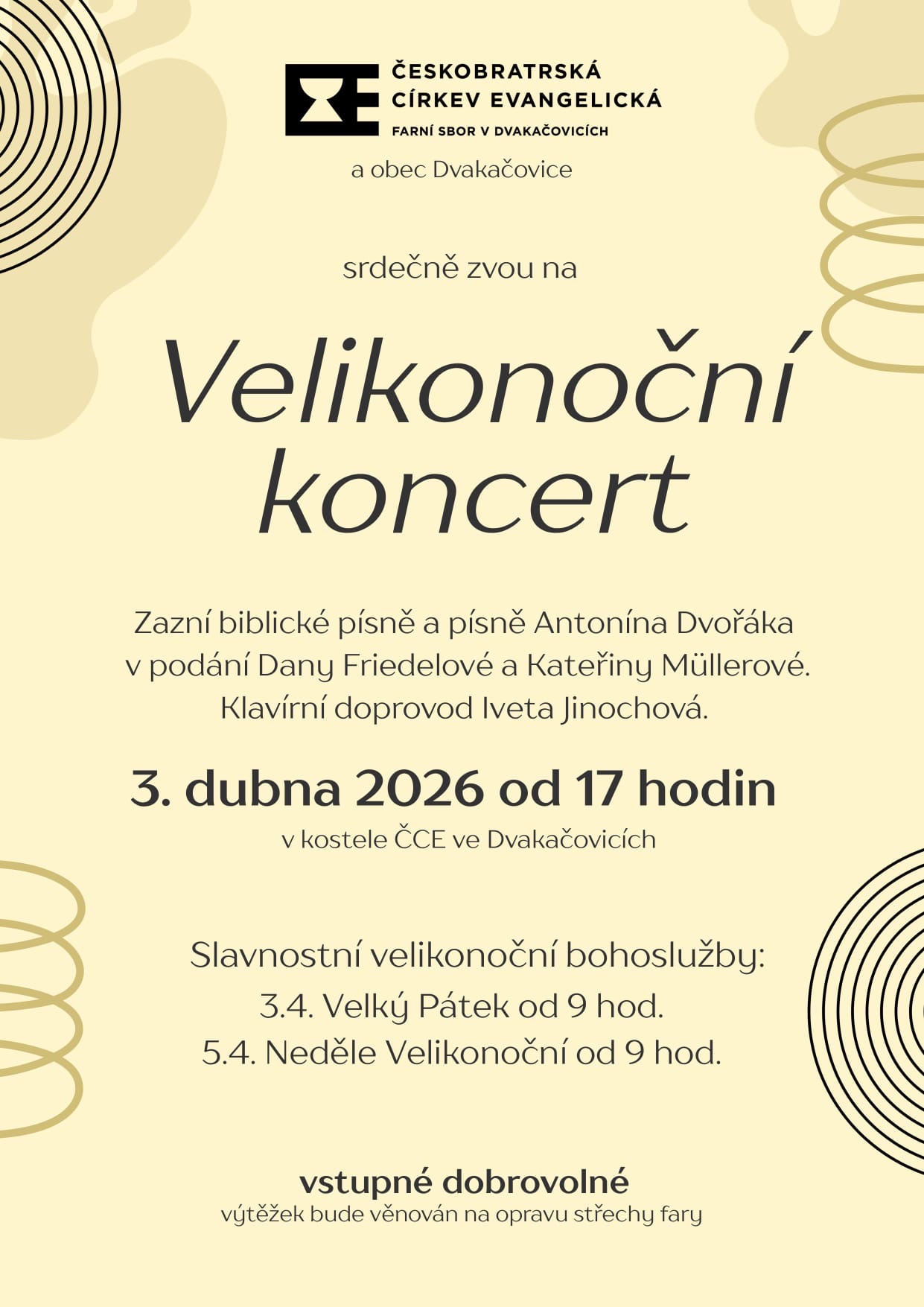 Plakát na Velikonoční koncert v kostele ČCE ve Dvakačovicích, 3. dubna 2026 od 17 hodin