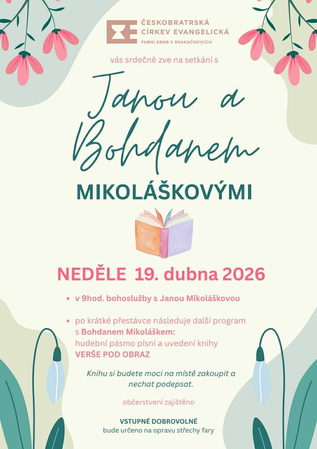 Pozvánka na setkání s Janou a Bohdanem Mikoláškovými 19. Dubna