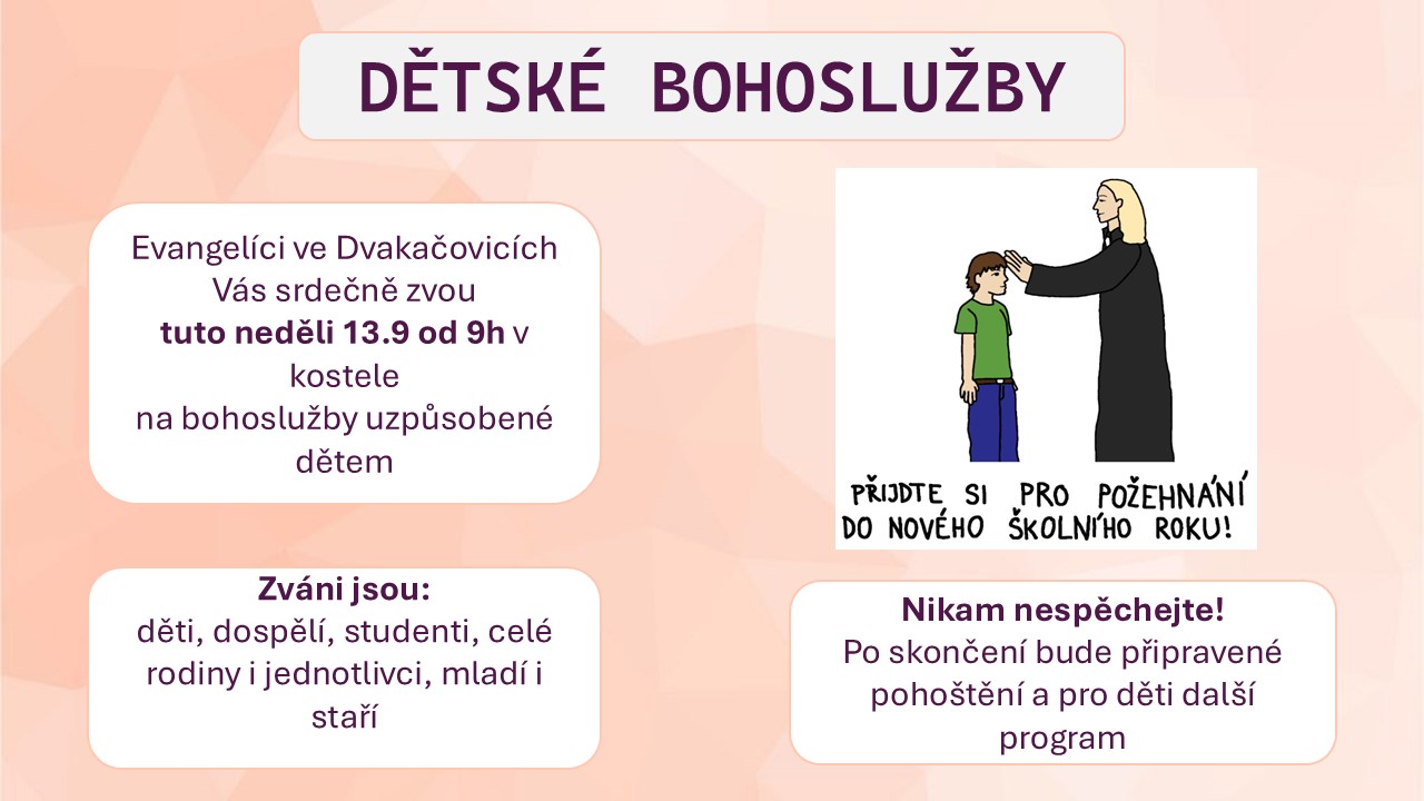 Ilustrace farářky žehnající chlapci položením ruky na hlavu, s nápisem „Přijďte si pro požehnání do nového školního roku!“