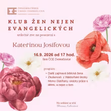 Růžová pozvánka zdobená akvarelovými květinami zve na Klub žen nejen evangelických s Kateřinou Josífovou, 16.9.2026 od 17 hod. na faře ČCE Dvakačovice, s programem o biblické ženě a zkušenostech z Waldorfské školky Momo Slatiňany.