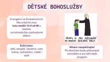 Ilustrace farářky žehnající chlapci položením ruky na hlavu, s nápisem „Přijďte si pro požehnání do nového školního roku!“